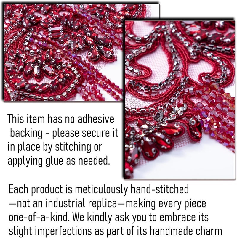 amusediy Wine Red Beaded Rhinestones Applique Embellishment for Clothes,Epaulettes Shoulder Patches Sew-on Diamond Sequin Applique for Wedding Dress DIY Accessories Belt Waist Decoration - Image 5